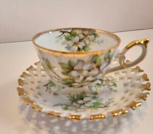 3 Legged China Teacup and Reticulated Saucer Dogwood Floral Gold tipped Japan